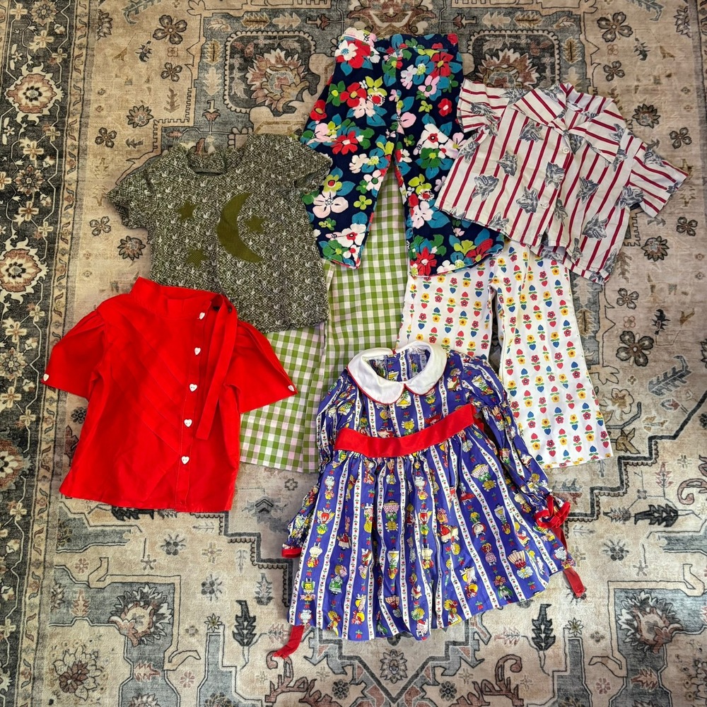 Vintage Girls 70s Clothing Lot 7pc Colorful Heart Button Flare Pants Tops Dress